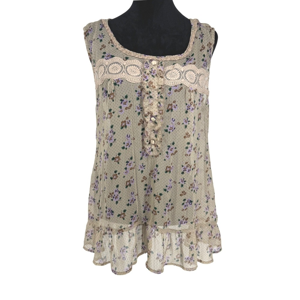 Route 66 Womens Floral Lace Ruffle Sheer Button Top XL Sleeveless‎ Boho Coquette